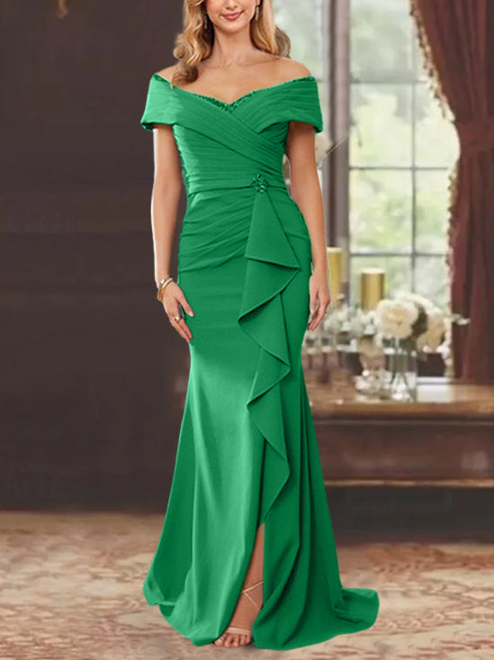 Off-the-Shoulder Ruffled Floor-Length Sheath Dress for the Mother of the Bride