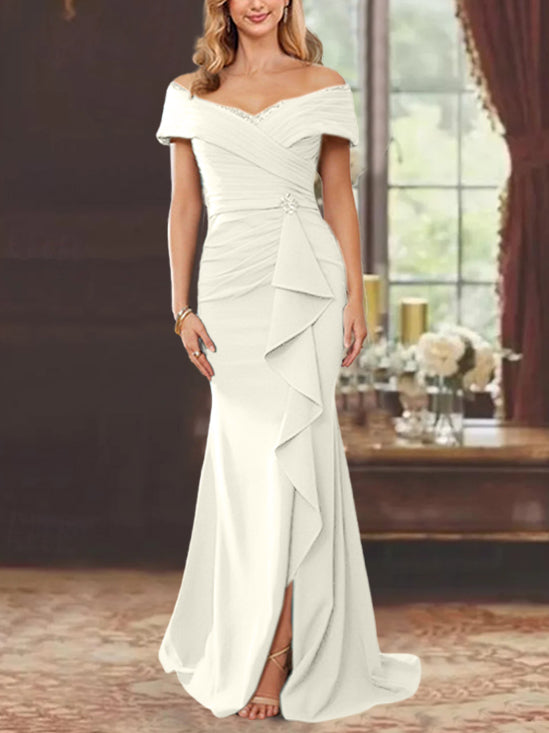 Off-the-Shoulder Ruffled Floor-Length Sheath Dress for the Mother of the Bride
