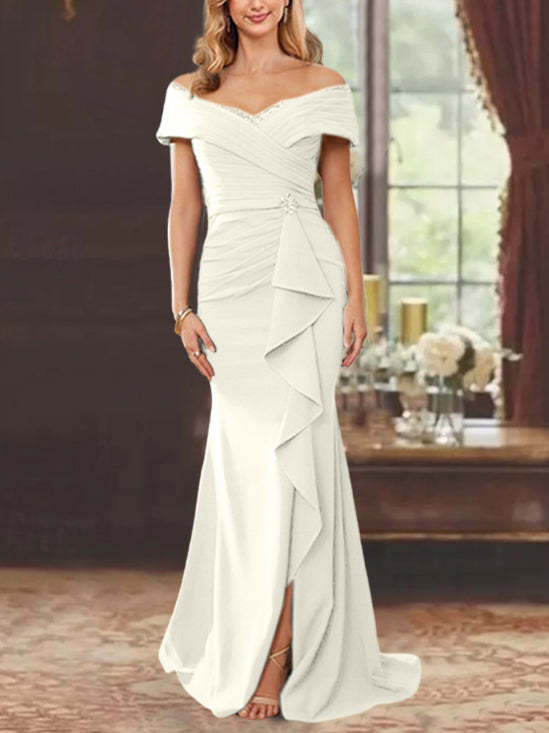 Off-the-Shoulder Ruffled Floor-Length Sheath Dress for the Mother of the Bride