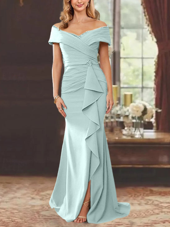 Off-the-Shoulder Ruffled Floor-Length Sheath Dress for the Mother of the Bride