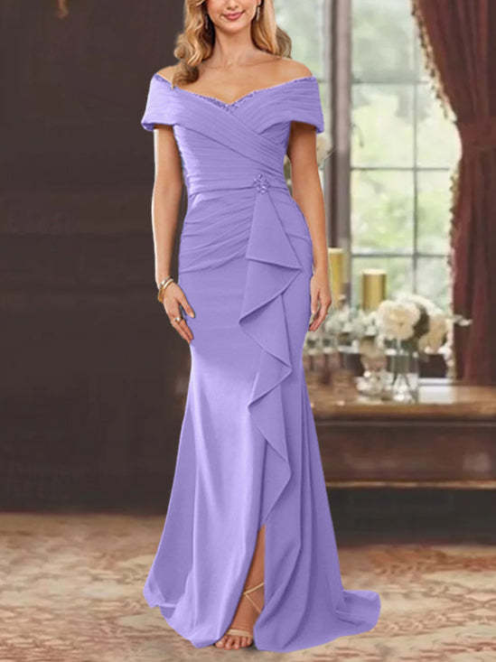 Off-the-Shoulder Ruffled Floor-Length Sheath Dress for the Mother of the Bride
