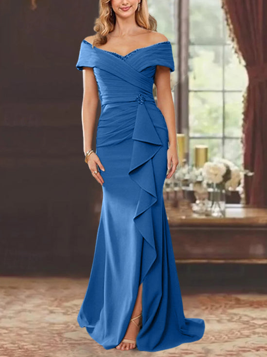 Off-the-Shoulder Ruffled Floor-Length Sheath Dress for the Mother of the Bride