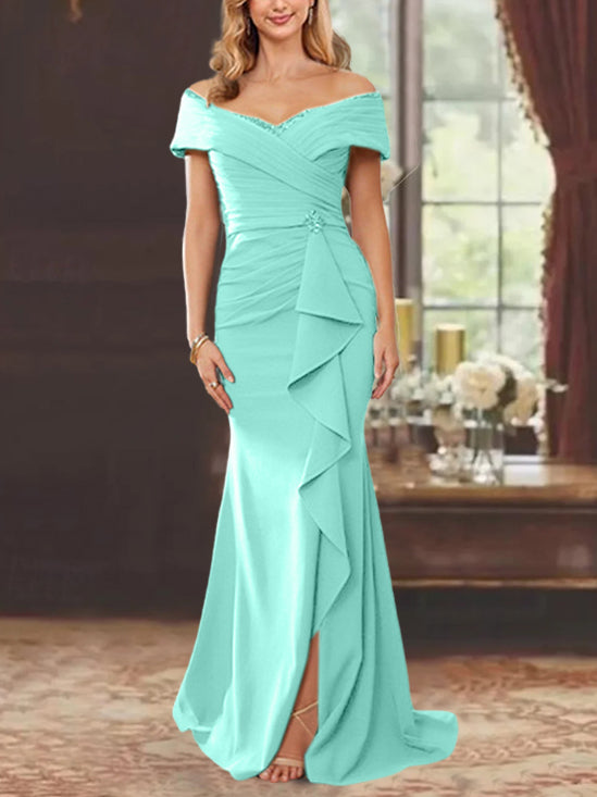 Off-the-Shoulder Ruffled Floor-Length Sheath Dress for the Mother of the Bride