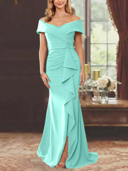 Off-the-Shoulder Ruffled Floor-Length Sheath Dress for the Mother of the Bride