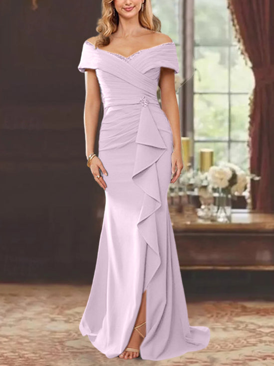 Off-the-Shoulder Ruffled Floor-Length Sheath Dress for the Mother of the Bride