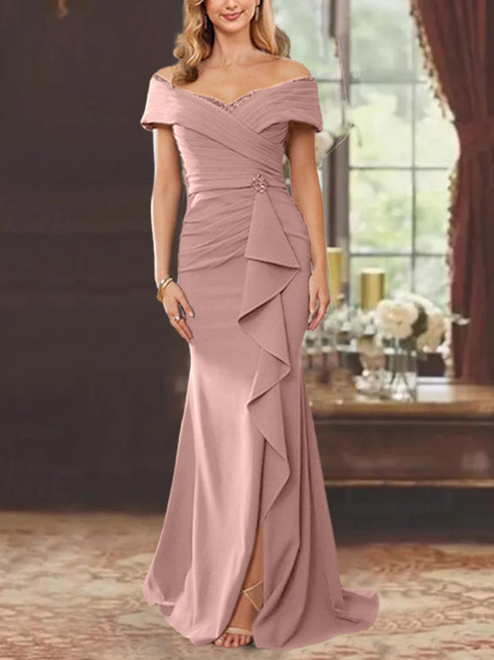 Off-the-Shoulder Ruffled Floor-Length Sheath Dress for the Mother of the Bride
