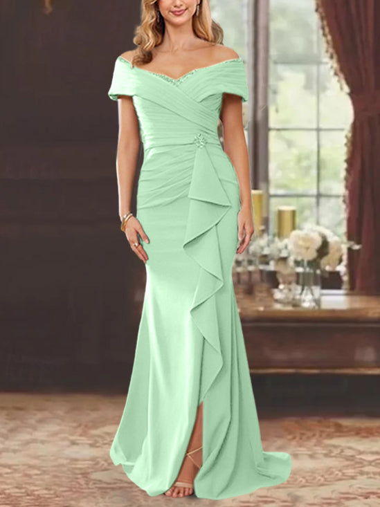 Off-the-Shoulder Ruffled Floor-Length Sheath Dress for the Mother of the Bride