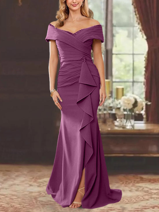 Off-the-Shoulder Ruffled Floor-Length Sheath Dress for the Mother of the Bride