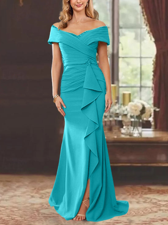 Off-the-Shoulder Ruffled Floor-Length Sheath Dress for the Mother of the Bride