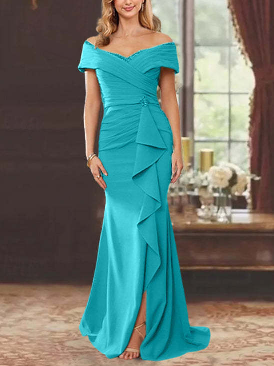 Off-the-Shoulder Ruffled Floor-Length Sheath Dress for the Mother of the Bride