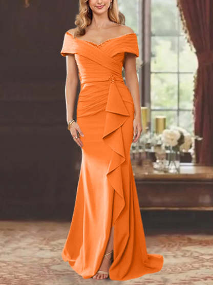 Off-the-Shoulder Ruffled Floor-Length Sheath Dress for the Mother of the Bride