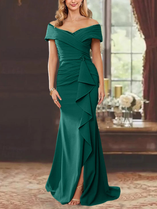 Off-the-Shoulder Ruffled Floor-Length Sheath Dress for the Mother of the Bride
