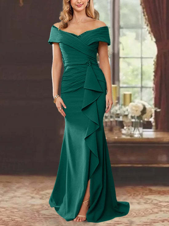 Off-the-Shoulder Ruffled Floor-Length Sheath Dress for the Mother of the Bride