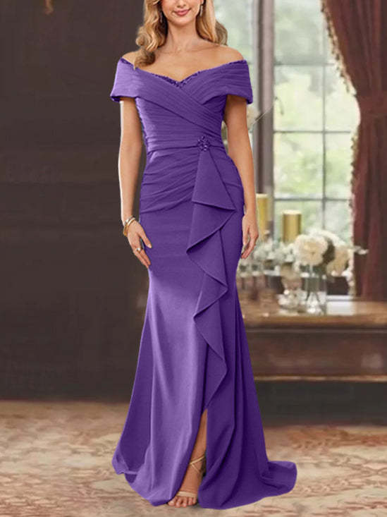 Off-the-Shoulder Ruffled Floor-Length Sheath Dress for the Mother of the Bride