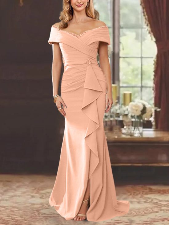 Off-the-Shoulder Ruffled Floor-Length Sheath Dress for the Mother of the Bride