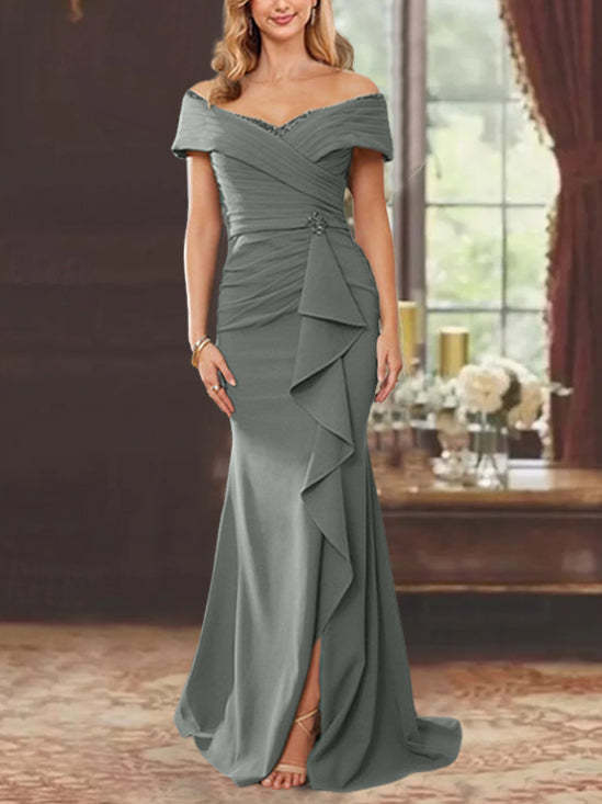 Off-the-Shoulder Ruffled Floor-Length Sheath Dress for the Mother of the Bride