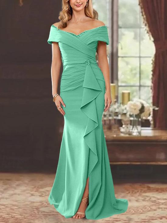 Off-the-Shoulder Ruffled Floor-Length Sheath Dress for the Mother of the Bride