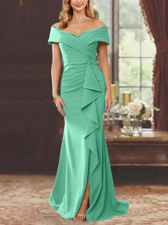 Off-the-Shoulder Ruffled Floor-Length Sheath Dress for the Mother of the Bride