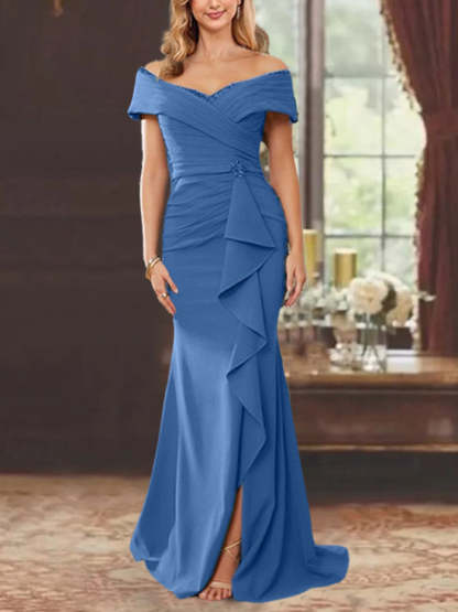 Off-the-Shoulder Ruffled Floor-Length Sheath Dress for the Mother of the Bride