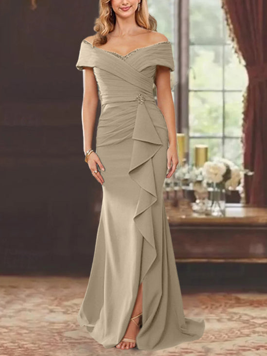 Off-the-Shoulder Ruffled Floor-Length Sheath Dress for the Mother of the Bride