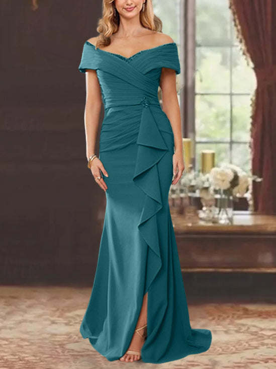 Off-the-Shoulder Ruffled Floor-Length Sheath Dress for the Mother of the Bride