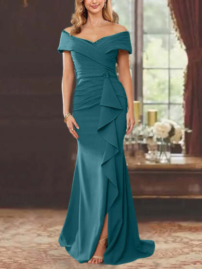 Off-the-Shoulder Ruffled Floor-Length Sheath Dress for the Mother of the Bride