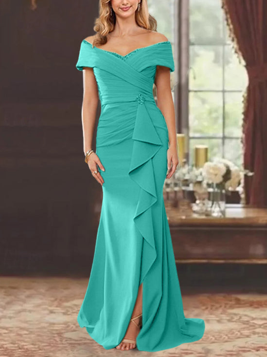 Off-the-Shoulder Ruffled Floor-Length Sheath Dress for the Mother of the Bride