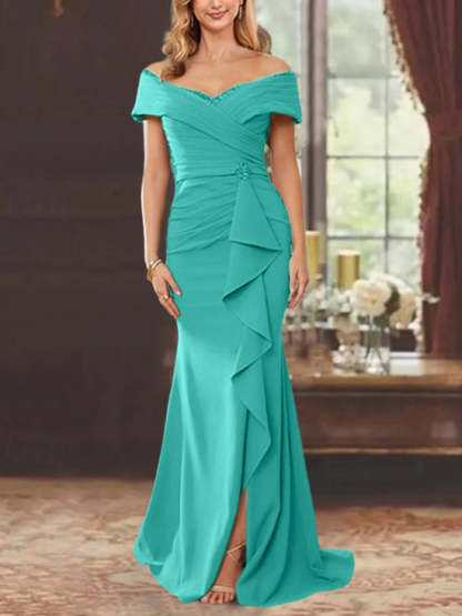Off-the-Shoulder Ruffled Floor-Length Sheath Dress for the Mother of the Bride