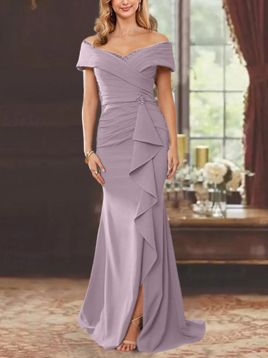 Off-the-Shoulder Ruffled Floor-Length Sheath Dress for the Mother of the Bride