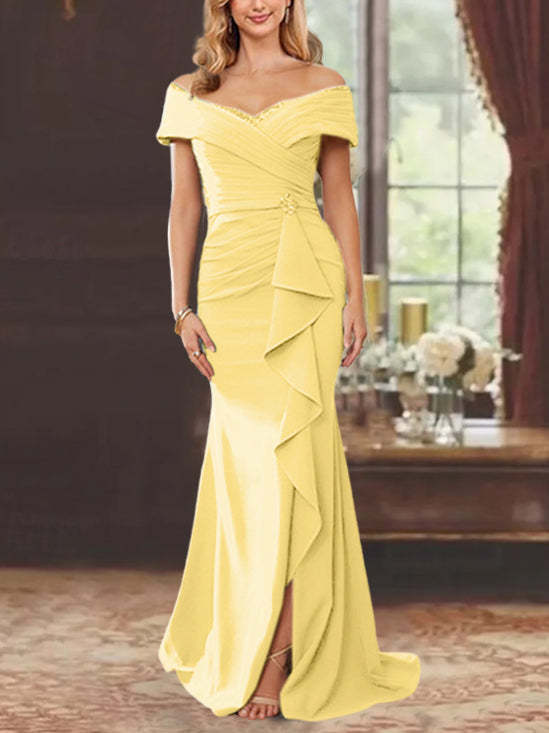 Off-the-Shoulder Ruffled Floor-Length Sheath Dress for the Mother of the Bride