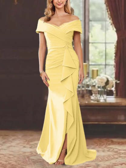 Off-the-Shoulder Ruffled Floor-Length Sheath Dress for the Mother of the Bride