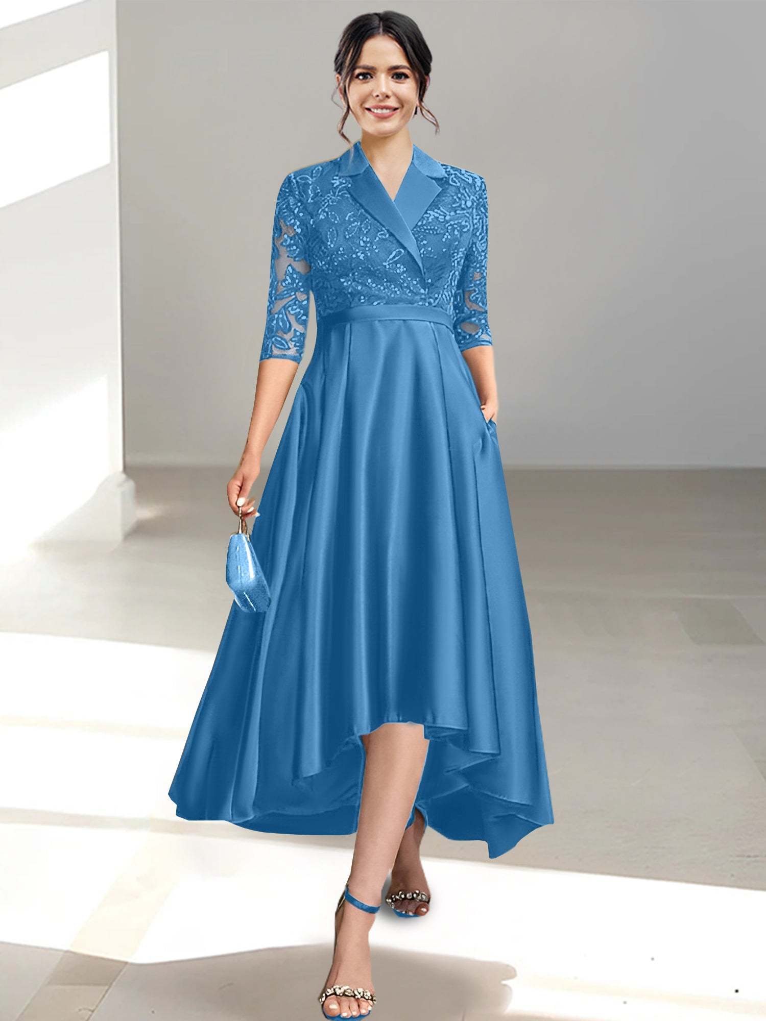 V-Neck Tea-Length Sheath/Column Dresses for the Mother of the Bride