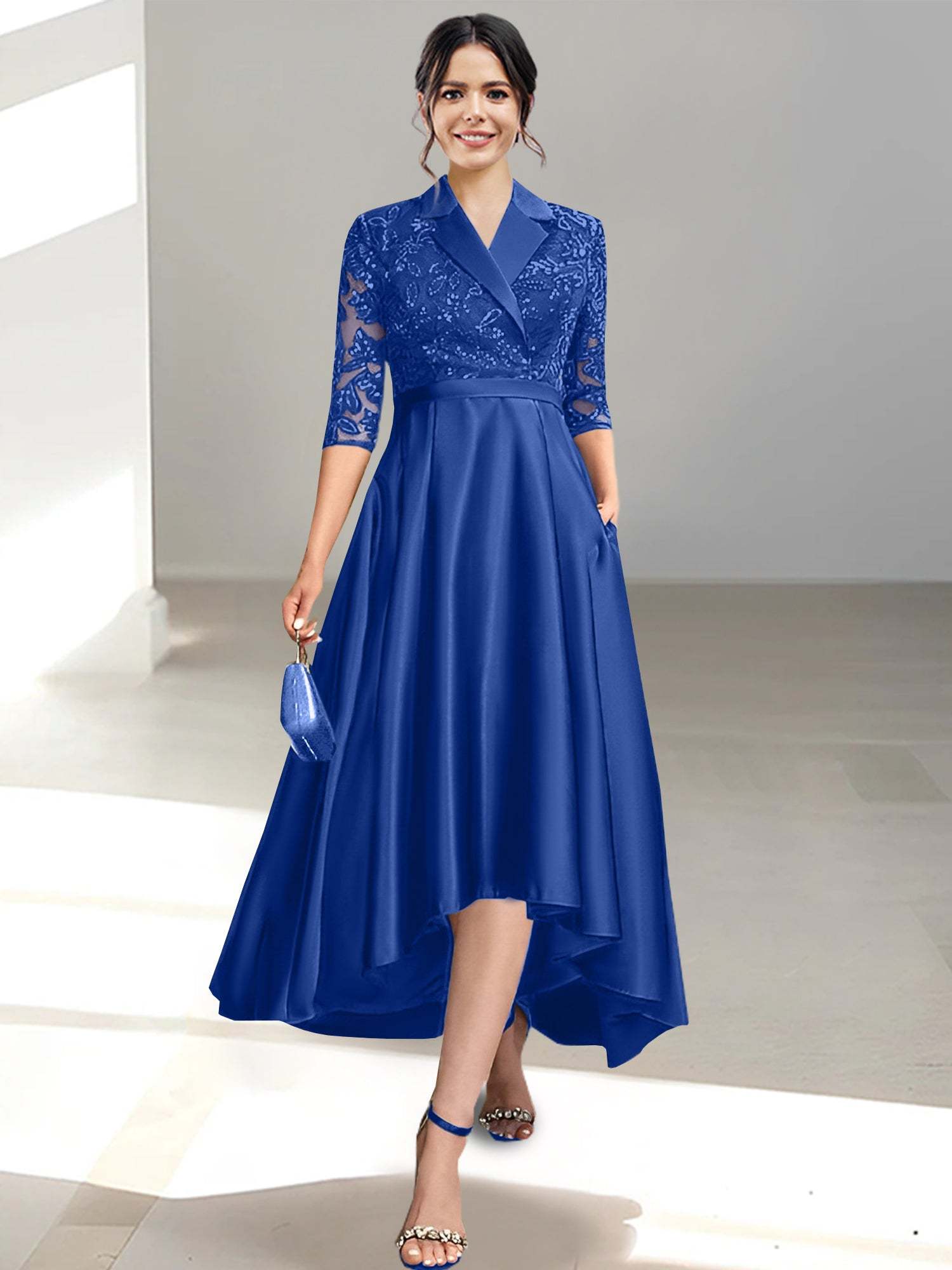 V-Neck Tea-Length Sheath/Column Dresses for the Mother of the Bride
