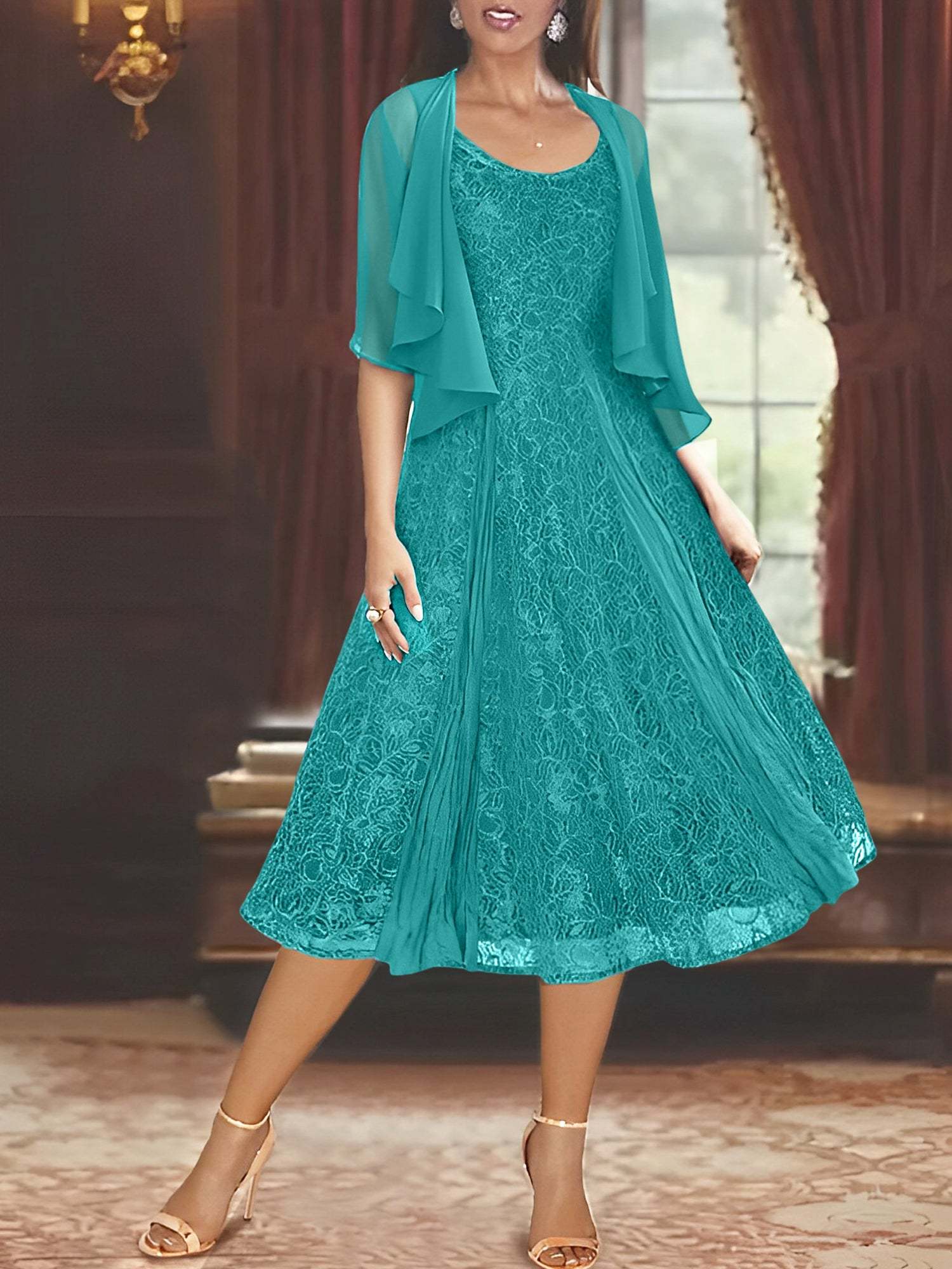Princess A-Line Tea-Length Mother of the Bride Dress with Scoop Neck Half Sleeves Appliques and Jacket