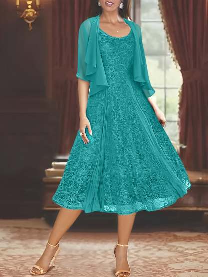 Princess A-Line Tea-Length Mother of the Bride Dress with Scoop Neck Half Sleeves Appliques and Jacket