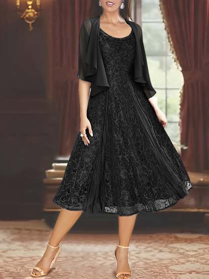 Princess A-Line Tea-Length Mother of the Bride Dress with Scoop Neck Half Sleeves Appliques and Jacket