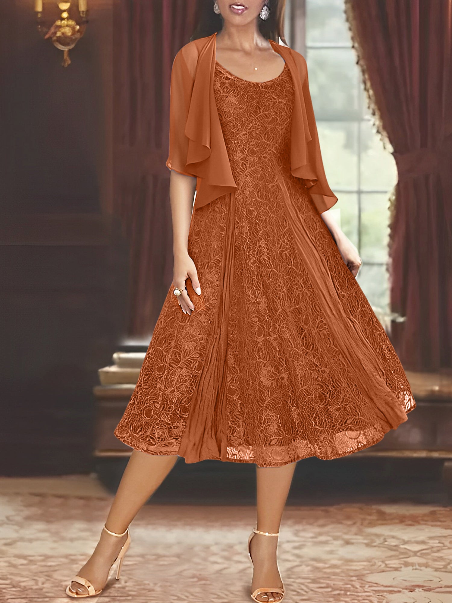 Princess A-Line Tea-Length Mother of the Bride Dress with Scoop Neck Half Sleeves Appliques and Jacket