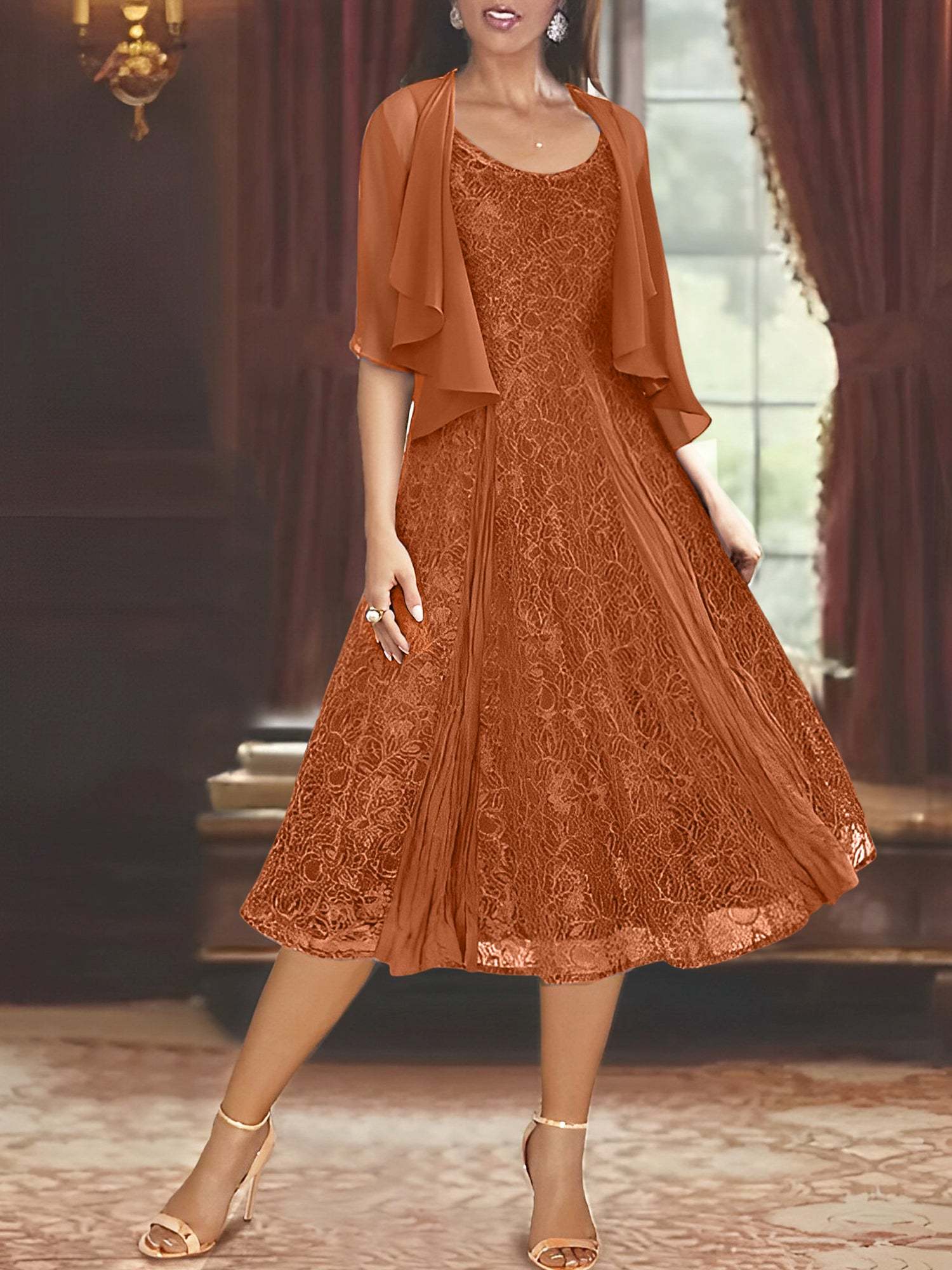 Princess A-Line Tea-Length Mother of the Bride Dress with Scoop Neck Half Sleeves Appliques and Jacket