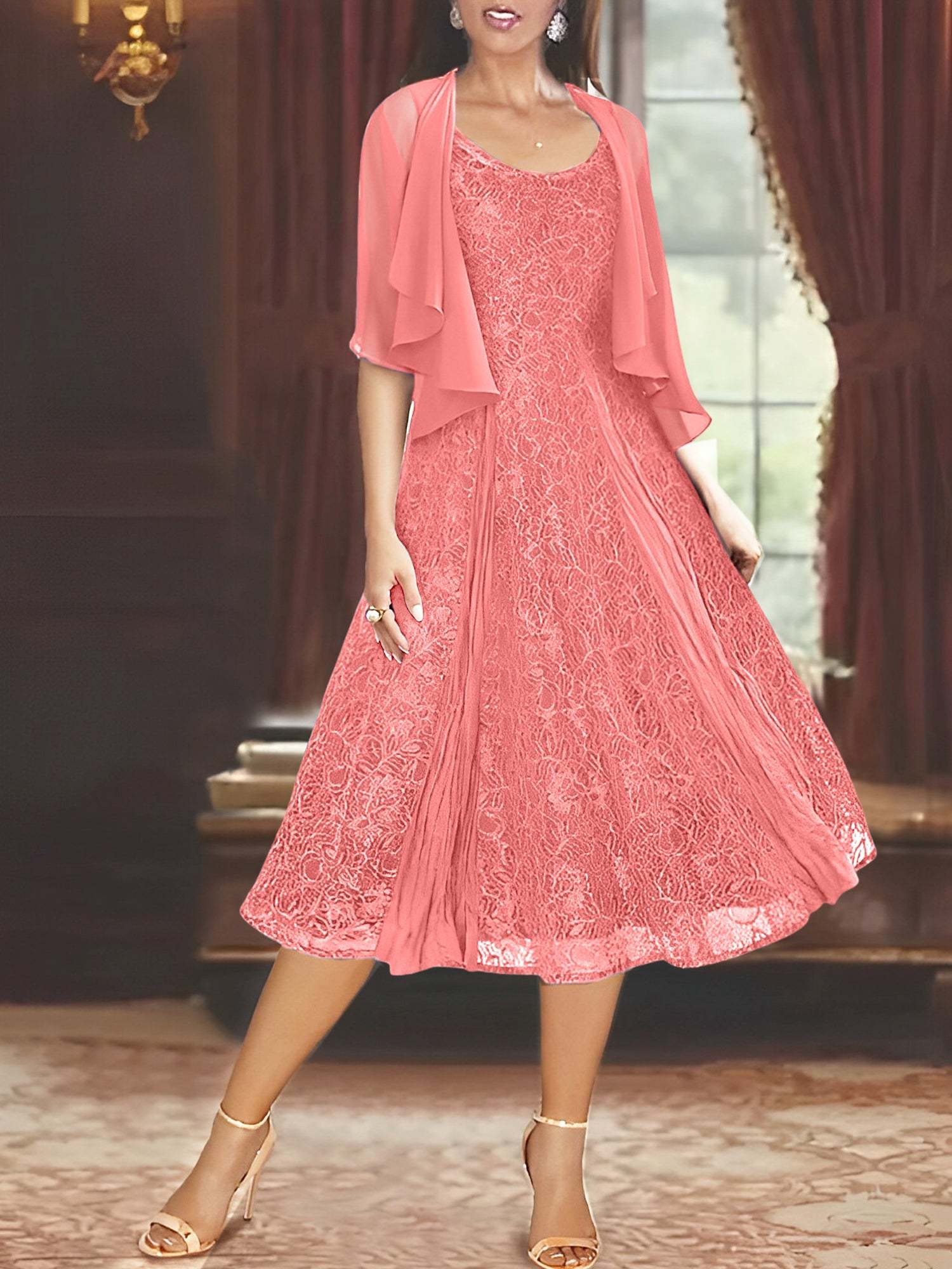 Princess A-Line Tea-Length Mother of the Bride Dress with Scoop Neck Half Sleeves Appliques and Jacket