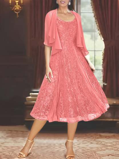 Princess A-Line Tea-Length Mother of the Bride Dress with Scoop Neck Half Sleeves Appliques and Jacket