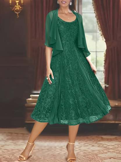 Princess A-Line Tea-Length Mother of the Bride Dress with Scoop Neck Half Sleeves Appliques and Jacket