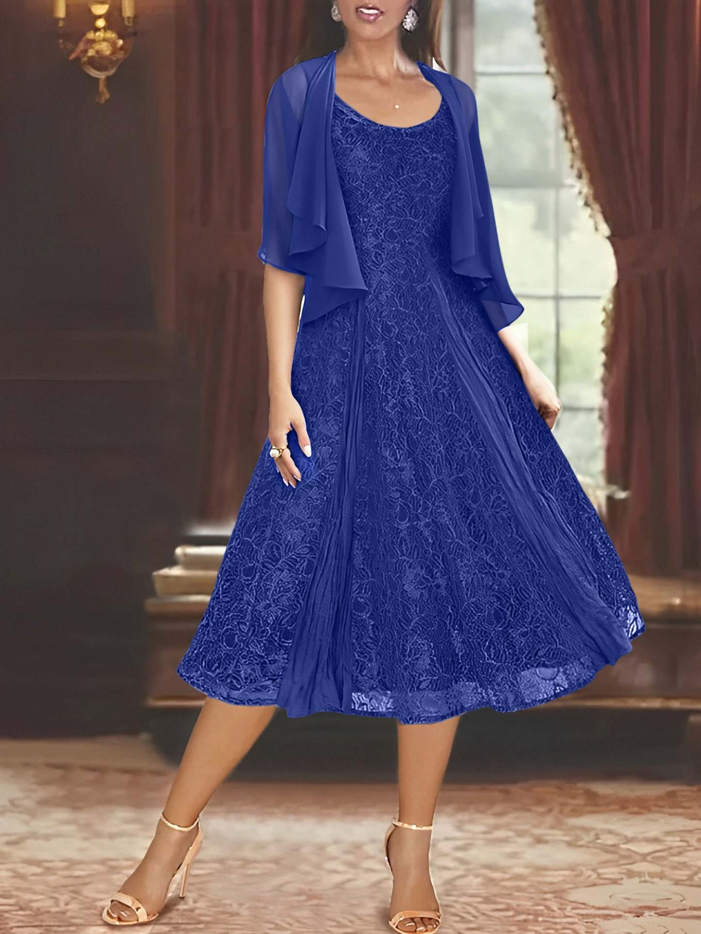 Princess A-Line Tea-Length Mother of the Bride Dress with Scoop Neck Half Sleeves Appliques and Jacket