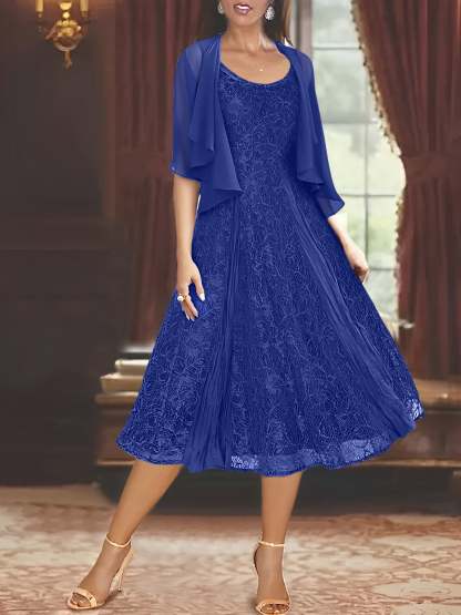Princess A-Line Tea-Length Mother of the Bride Dress with Scoop Neck Half Sleeves Appliques and Jacket