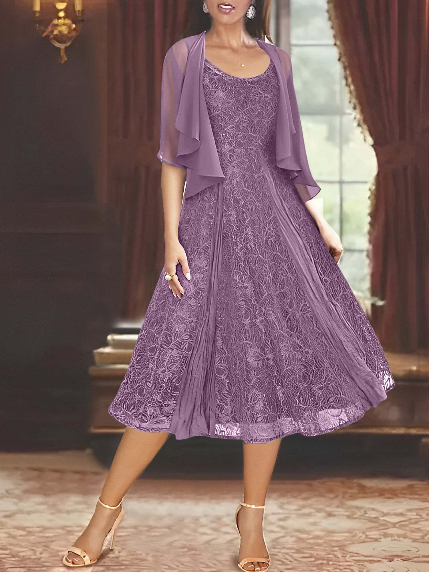 Princess A-Line Tea-Length Mother of the Bride Dress with Scoop Neck Half Sleeves Appliques and Jacket
