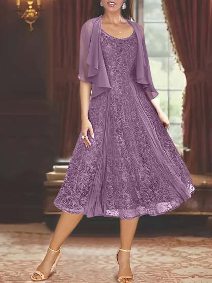 Princess A-Line Tea-Length Mother of the Bride Dress with Scoop Neck Half Sleeves Appliques and Jacket