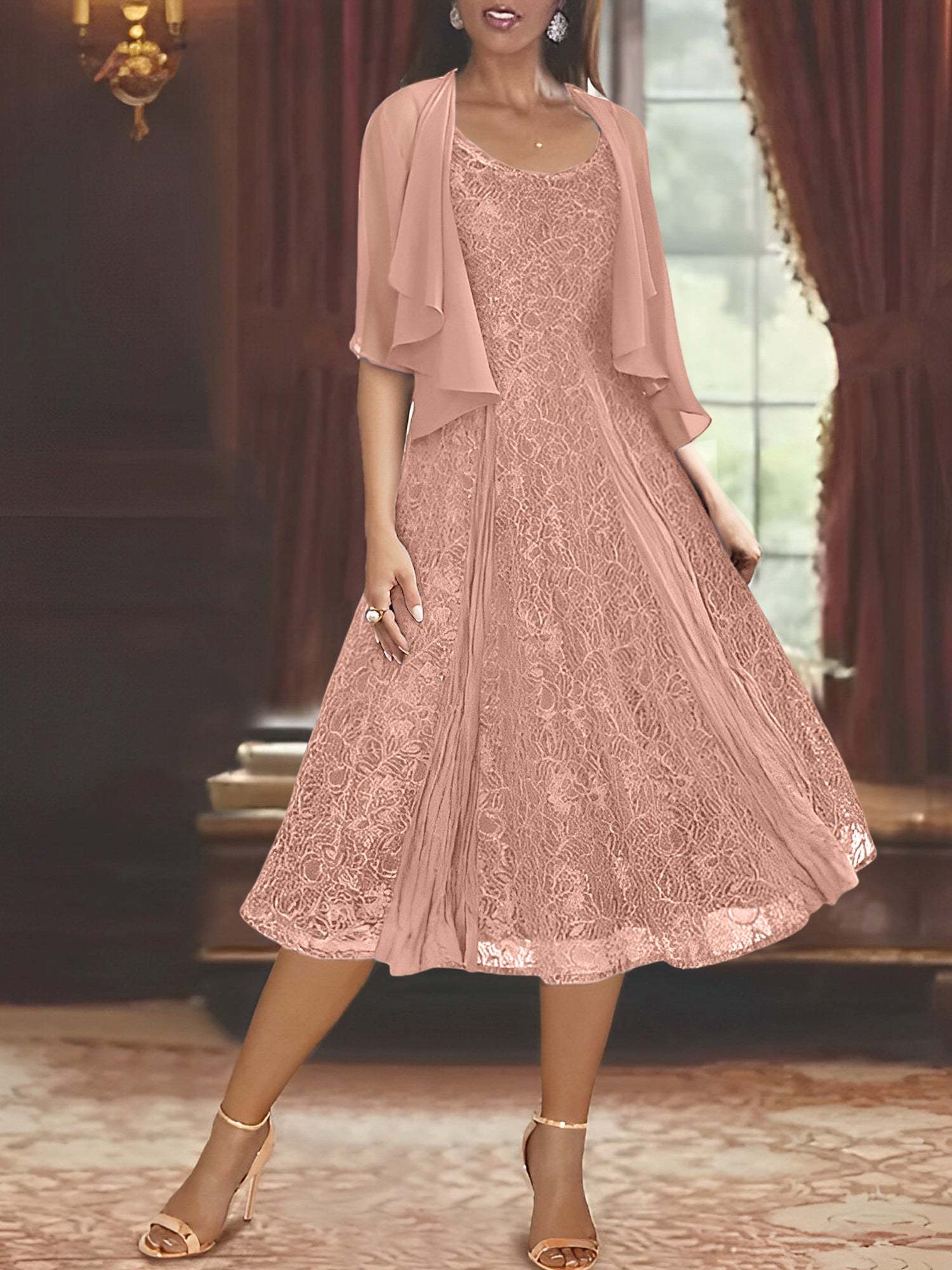 Princess A-Line Tea-Length Mother of the Bride Dress with Scoop Neck Half Sleeves Appliques and Jacket