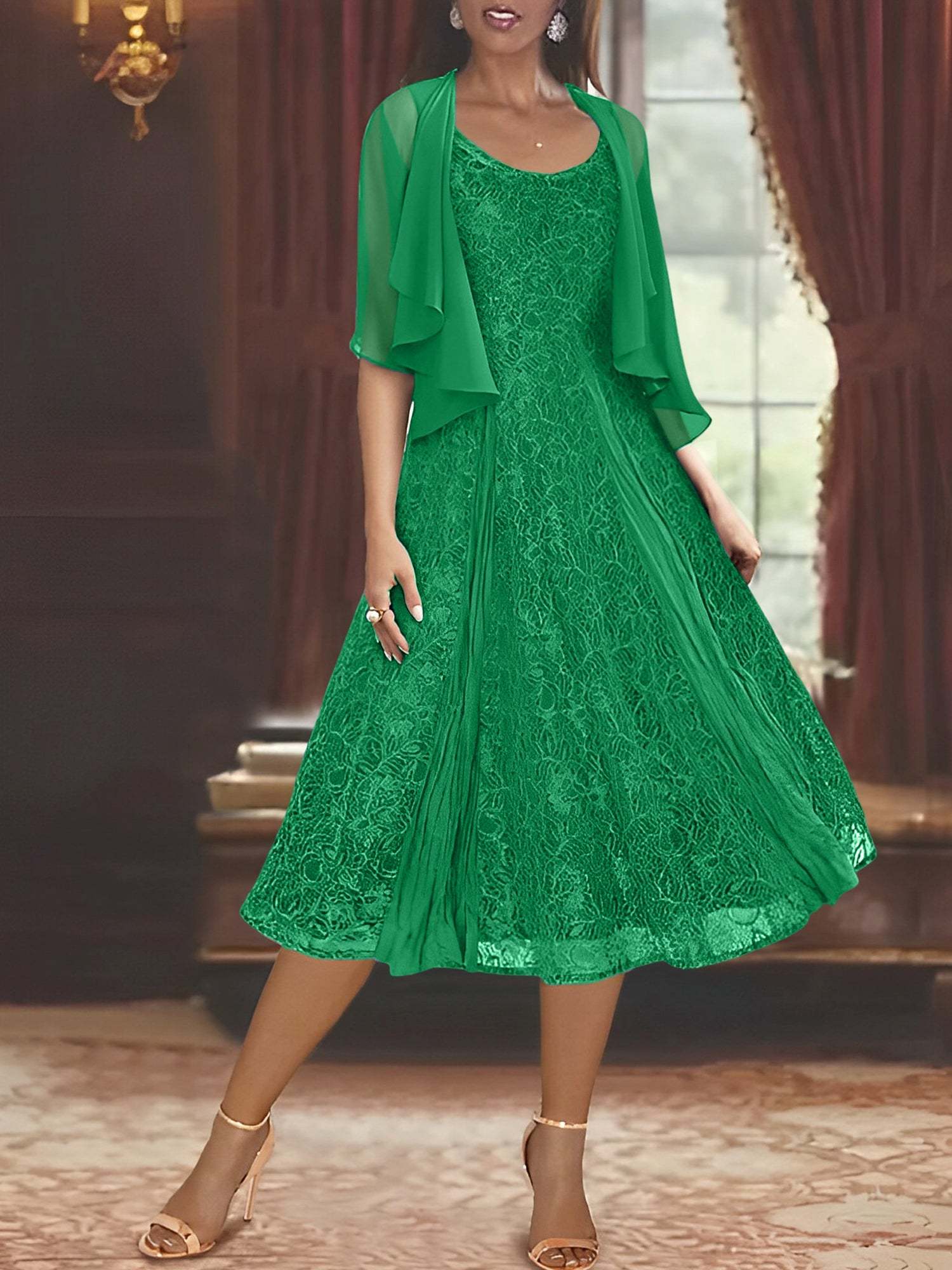 Princess A-Line Tea-Length Mother of the Bride Dress with Scoop Neck Half Sleeves Appliques and Jacket