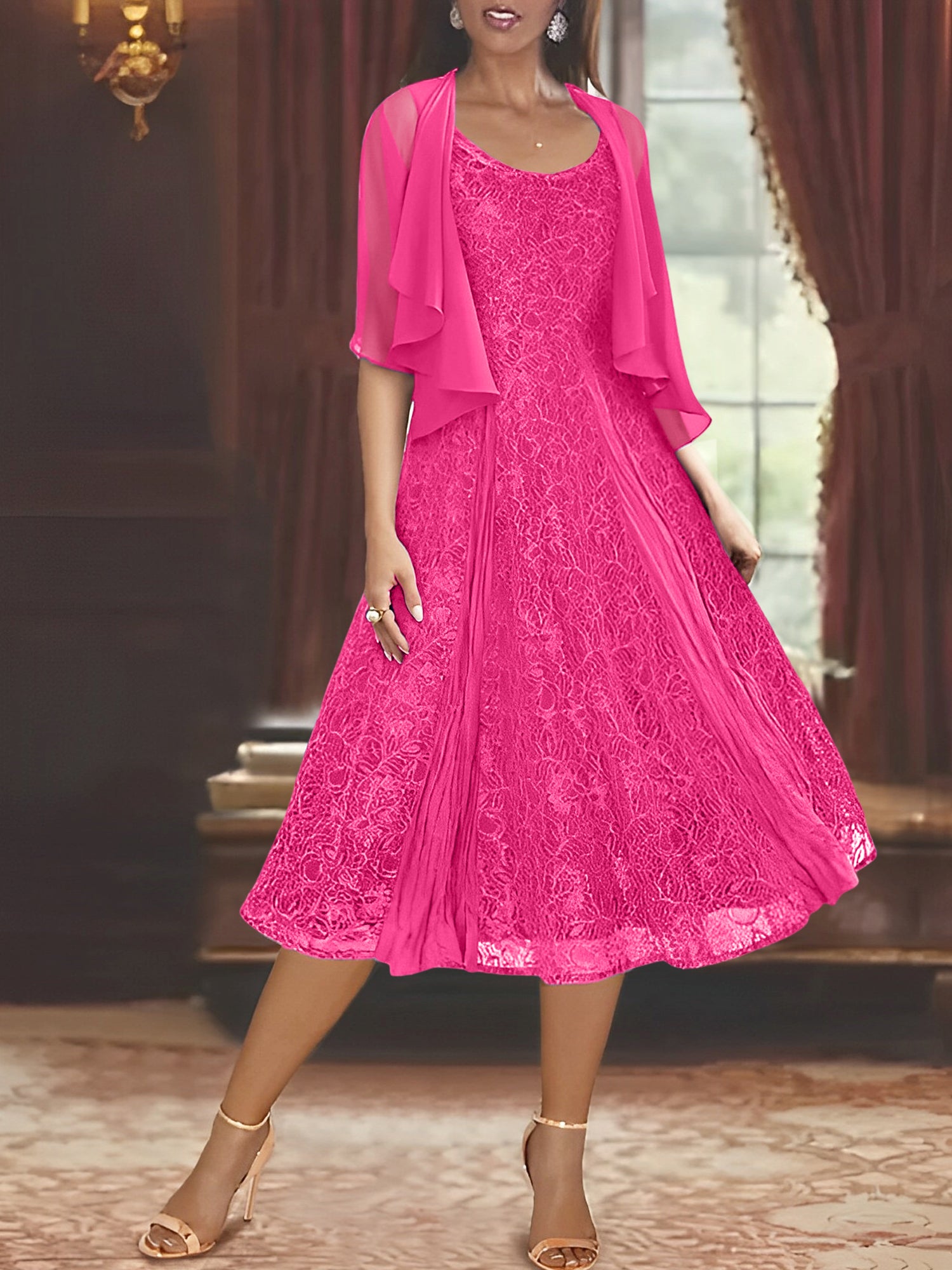 Princess A-Line Tea-Length Mother of the Bride Dress with Scoop Neck Half Sleeves Appliques and Jacket