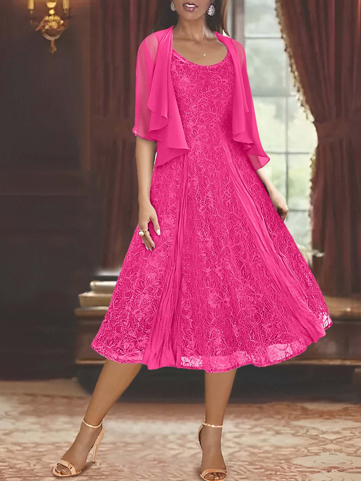Princess A-Line Tea-Length Mother of the Bride Dress with Scoop Neck Half Sleeves Appliques and Jacket