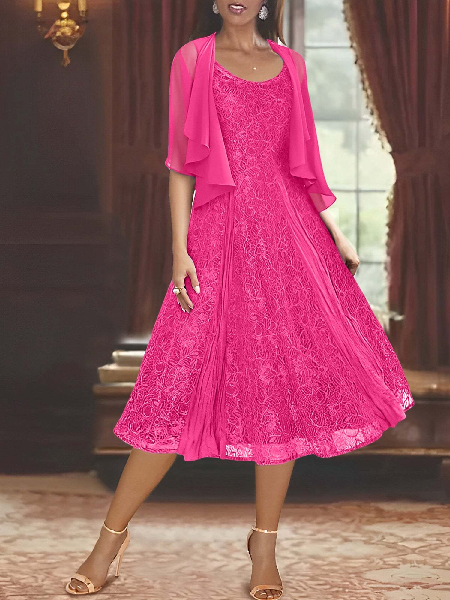 Princess A-Line Tea-Length Mother of the Bride Dress with Scoop Neck Half Sleeves Appliques and Jacket